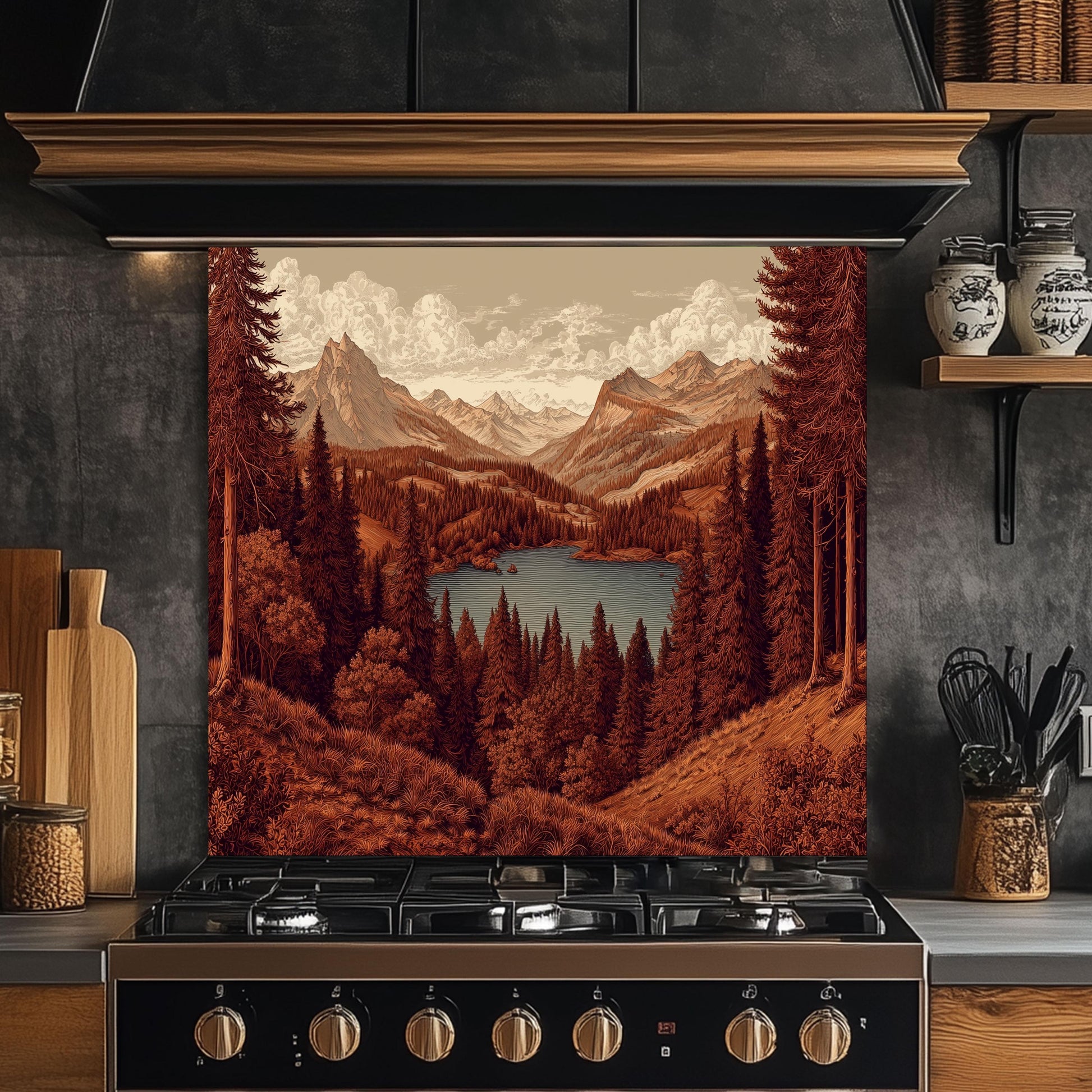 Tempered Glass Mountain Lake Backsplash: Rustic Cabin Kitchen Decor