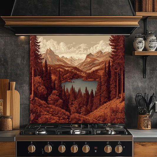 Tempered Glass Mountain Lake Backsplash: Rustic Cabin Kitchen Decor