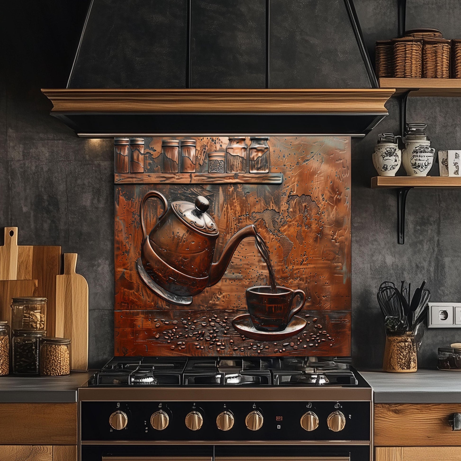 Tempered glass kitchen backsplash, copper teapot and coffee design, heat-resistant splashback, easy to clean, stove wall protector, artistic kitchen decor, modern backsplash, rustic kitchen decor, unique wall art