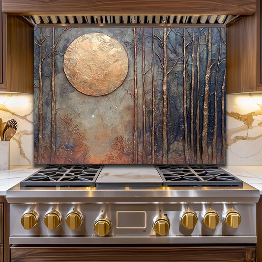 Copper Moon Glass Backsplash, Celestial Crescent Stove Guard, Heat Resistant Easy Clean Kitchen Art
