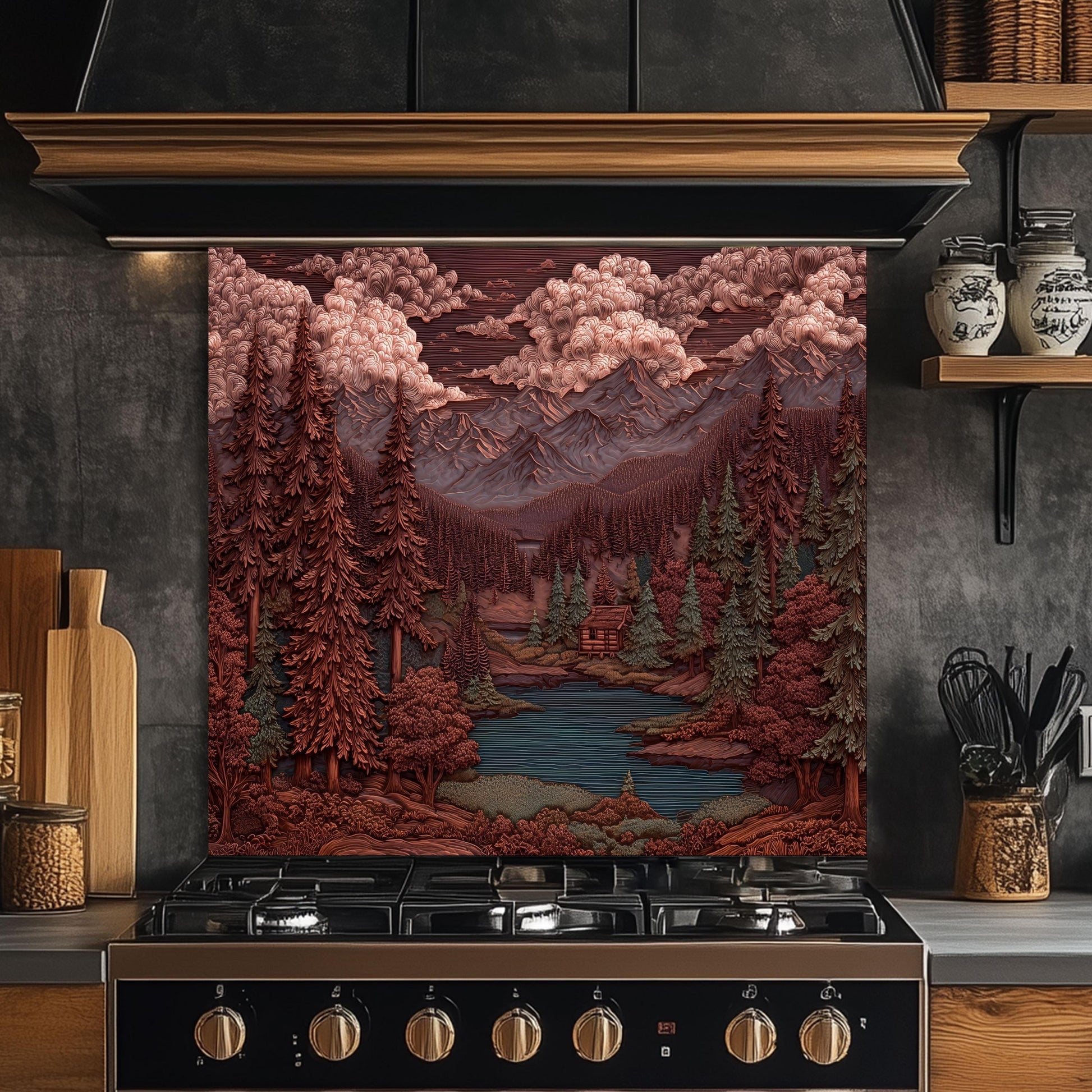 Mountain Kitchen Backsplash: Tempered Glass Forest Scene Stove Protector