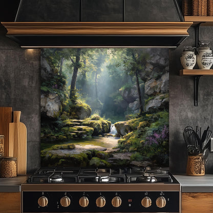 Forest Waterfall Glass Backsplash, Tranquil Nature Stove Guard, Heat Resistant Easy Clean Kitchen Art