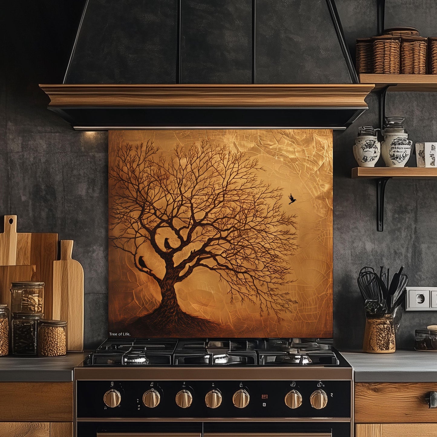 Copper Look Tree Kitchen Backsplash, UV Printed Tempered Glass Art, Custom Size Design