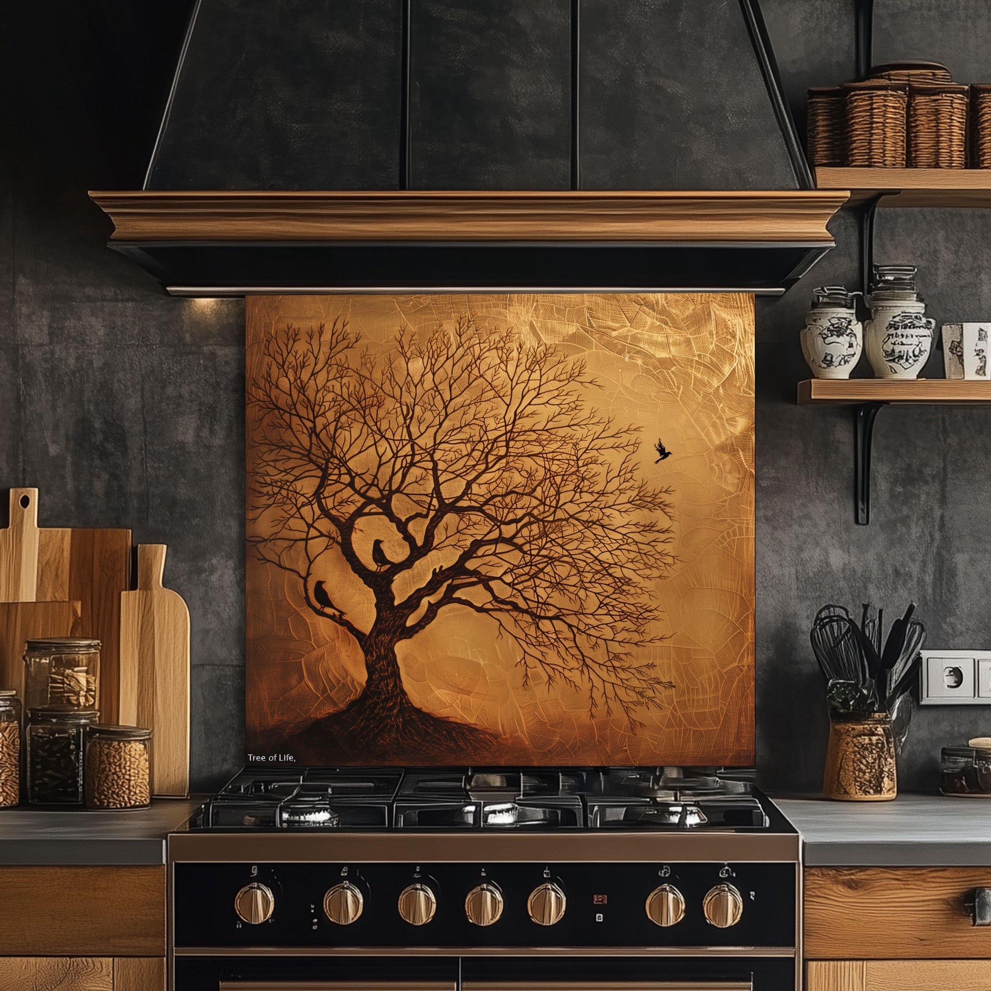 Copper Look Tree Kitchen Backsplash, UV Printed Tempered Glass Art, Custom Size Design