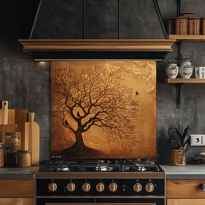 Copper Look Tree Kitchen Backsplash, UV Printed Tempered Glass Art, Custom Size Design
