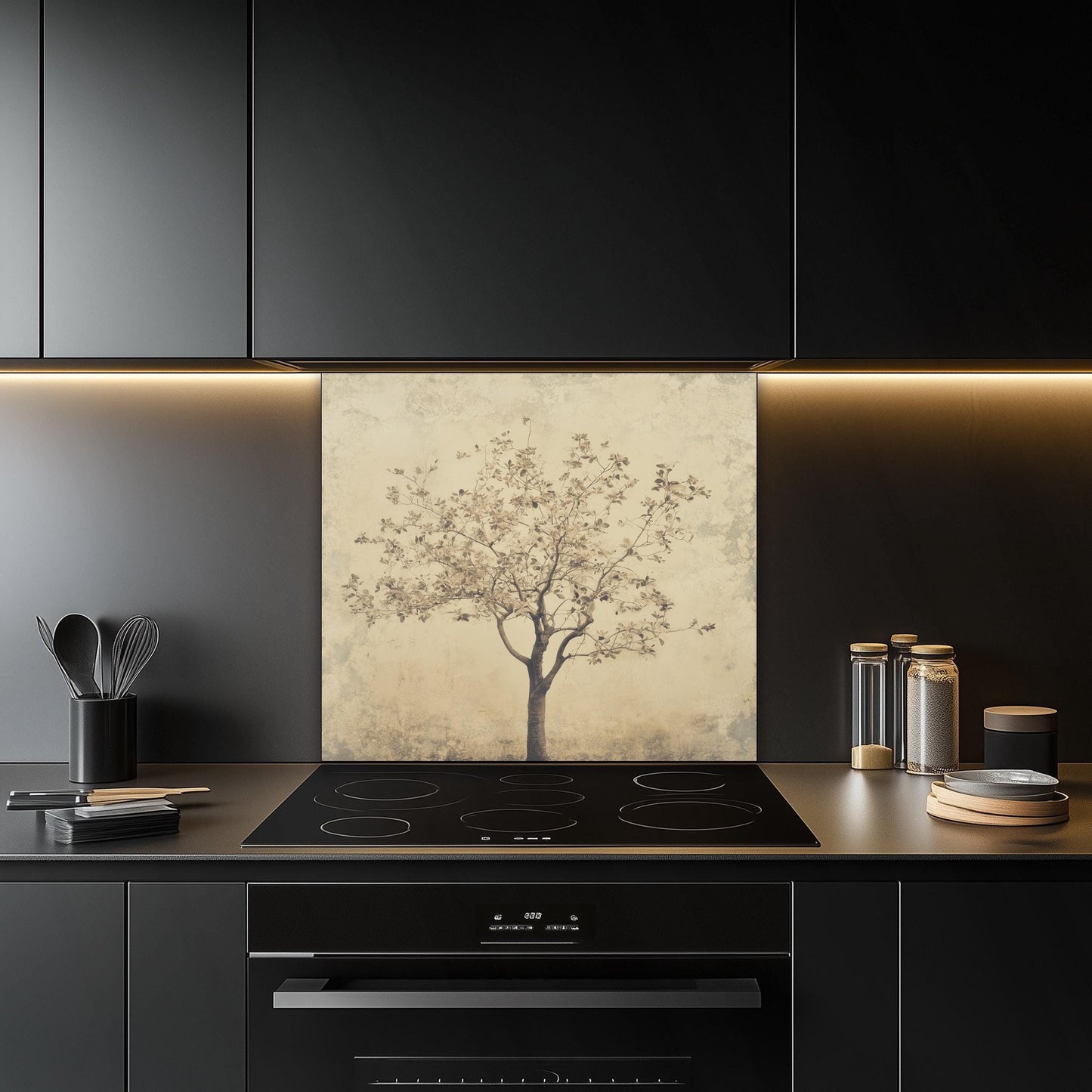 Tempered glass kitchen backsplash, minimalist vintage tree design, heat-resistant splashback, easy to clean, stove wall protector, artistic kitchen decor, modern backsplash, elegant wall art, unique design