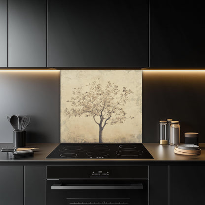 Tempered glass kitchen backsplash, minimalist vintage tree design, heat-resistant splashback, easy to clean, stove wall protector, artistic kitchen decor, modern backsplash, elegant wall art, unique design