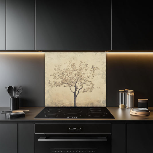 Tempered glass kitchen backsplash, minimalist vintage tree design, heat-resistant splashback, easy to clean, stove wall protector, artistic kitchen decor, modern backsplash, elegant wall art, unique design