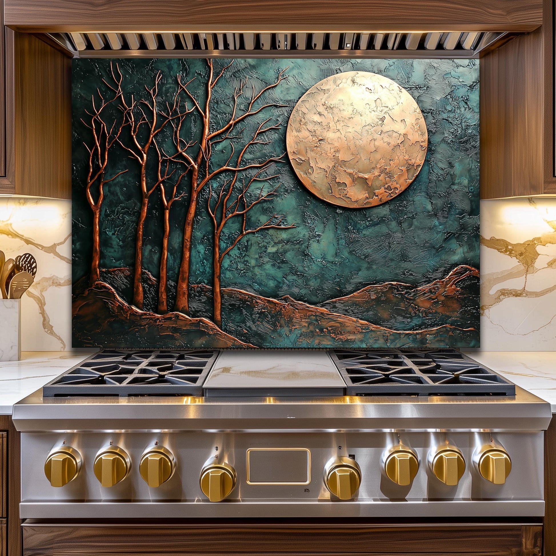 Copper Moon & Heron Backsplash, Heat Resistant Nature Guard, Custom Size Glass Art