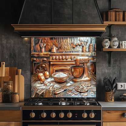 Tempered glass kitchen backsplash, copper baking tools design, heat-resistant backsplash, farmhouse kitchen decor, vintage kitchen wall art, stove protector, kitchen wall protector, baking mixer design