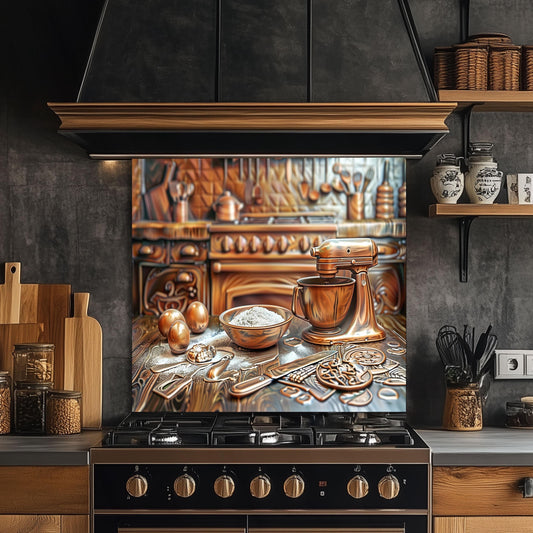 Tempered glass kitchen backsplash, copper baking tools design, heat-resistant backsplash, farmhouse kitchen decor, vintage kitchen wall art, stove protector, kitchen wall protector, baking mixer design