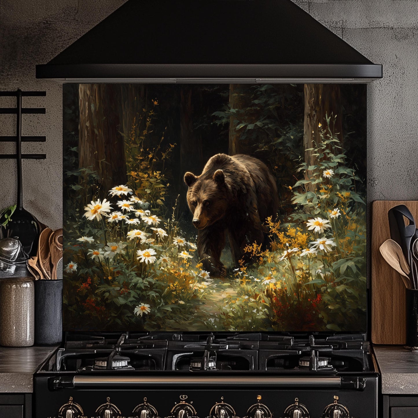 Copper Bear Backsplash: Hand-Embossed Tempered Glass, Rustic Cabin Kitchen