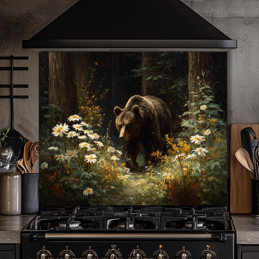 Copper Bear Backsplash: Hand-Embossed Tempered Glass, Rustic Cabin Kitchen