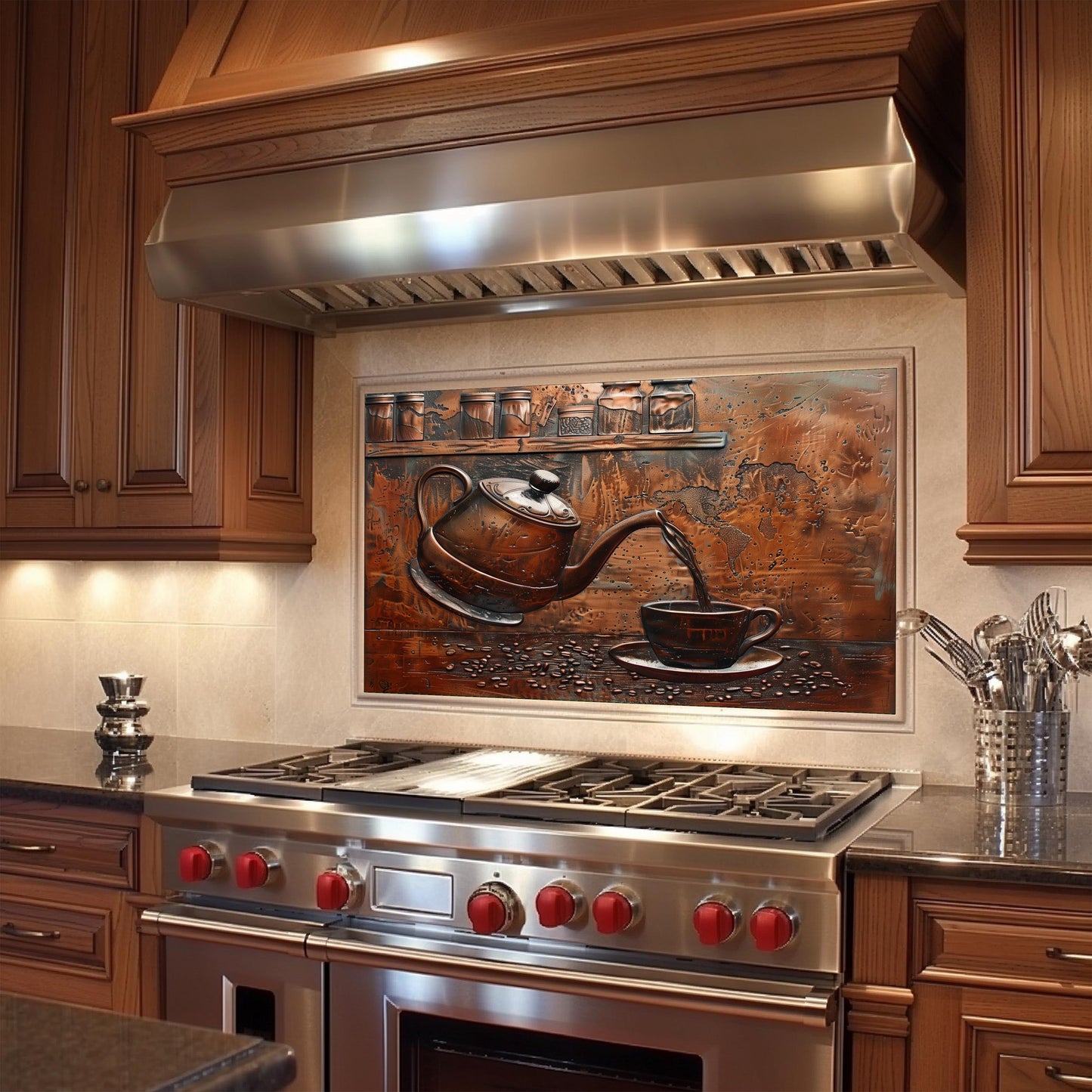 Teapot and coffee-themed backsplash, tempered glass panel, copper kitchen wall art, heat-resistant splashback, easy to clean wall protector, modern kitchen accent, artistic backsplash, stove protector, rustic design