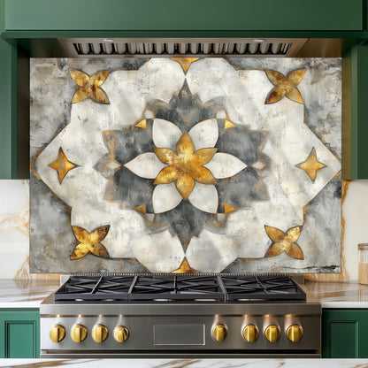 Navy & Amber Moroccan Backsplash, Heat Resistant Stove Guard, Custom Size Glass Art