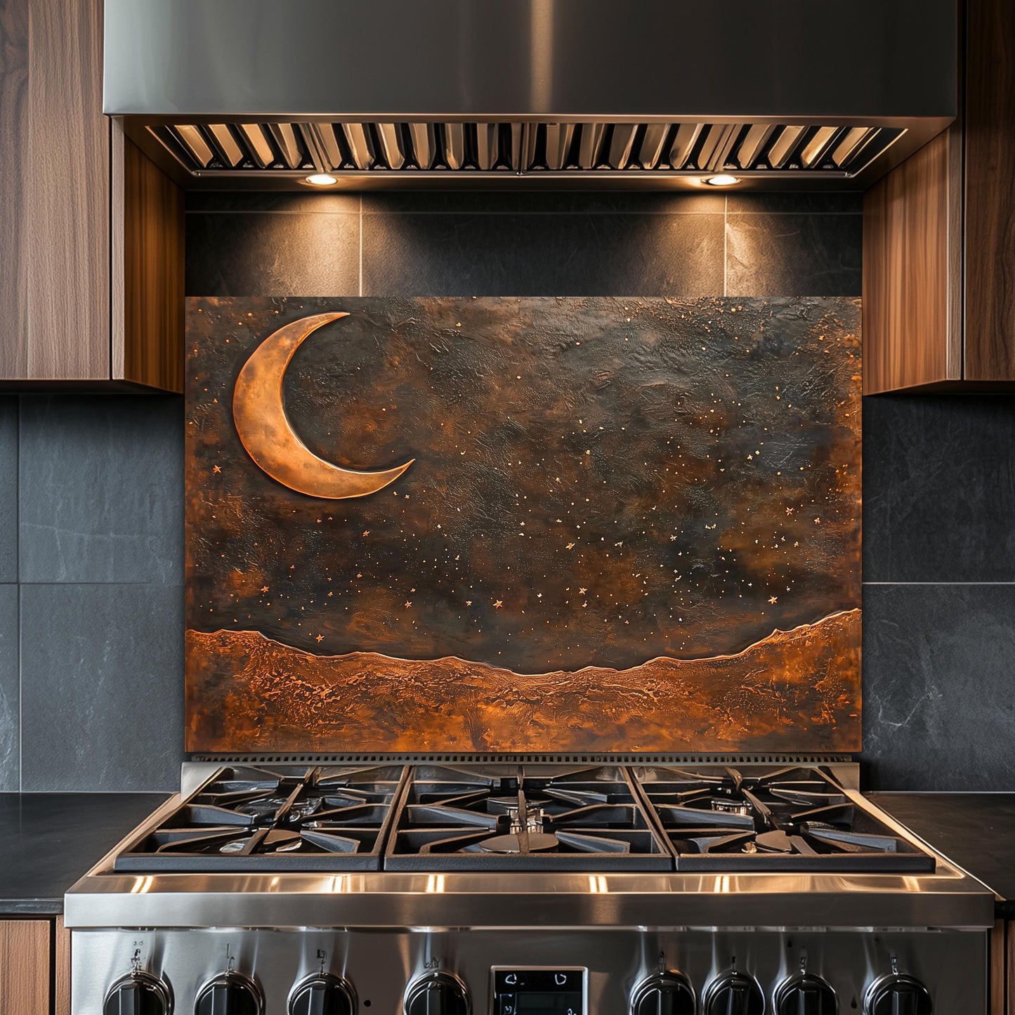 Copper Moon Tempered Glass Backsplash: Rustic Kitchen Decor