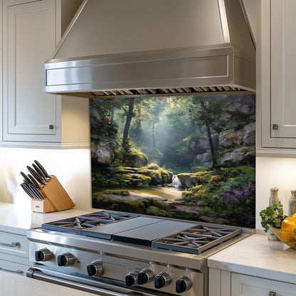 Forest Waterfall Glass Backsplash, Tranquil Nature Stove Guard, Heat Resistant Easy Clean Kitchen Art