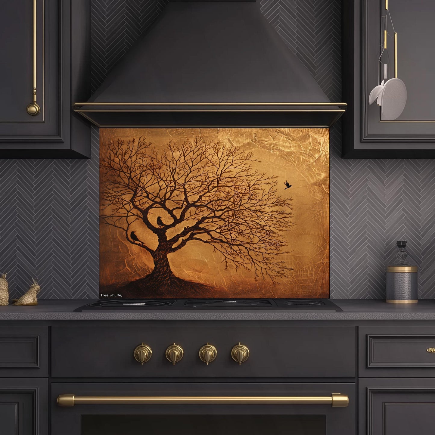 Copper Look Tree Kitchen Backsplash, UV Printed Tempered Glass Art, Custom Size Design