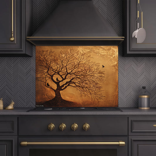 Copper Look Tree Kitchen Backsplash, UV Printed Tempered Glass Art, Custom Size Design