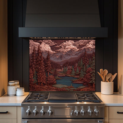 Mountain Kitchen Backsplash: Tempered Glass Forest Scene Stove Protector
