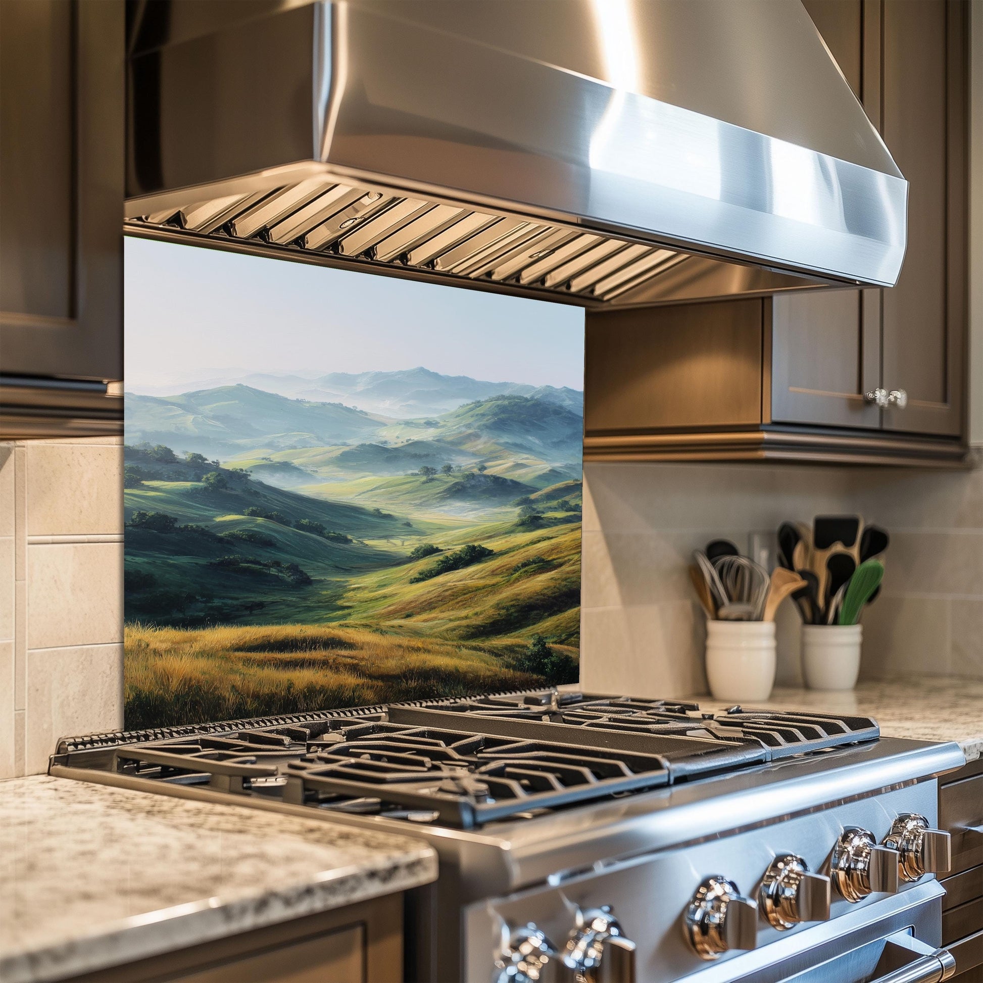 Green Hills Tempered Glass Backsplash – Nature Landscape Kitchen Wall Art