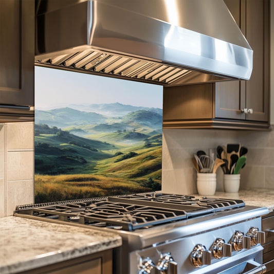 Green Hills Tempered Glass Backsplash – Nature Landscape Kitchen Wall Art