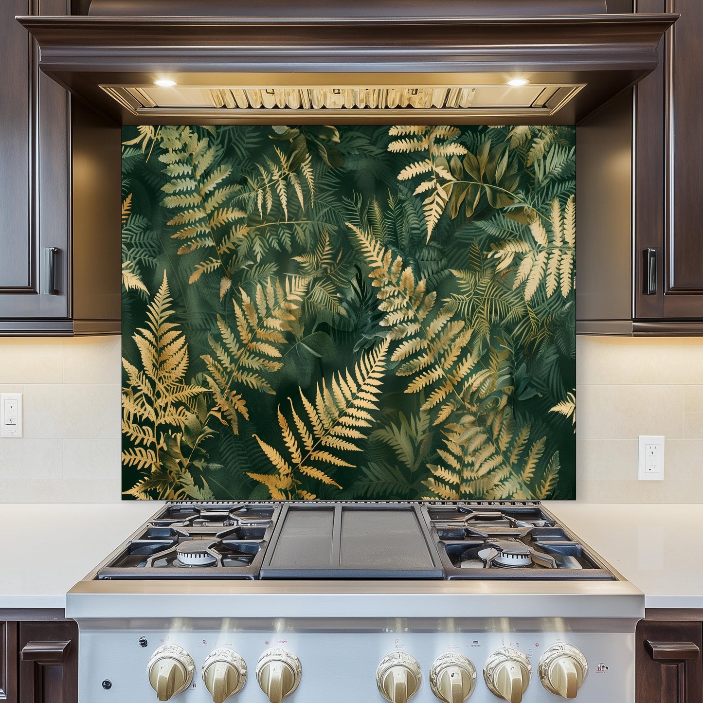 Tropical Fern Glass Backsplash, Green Gold Leaf Stove Guard, Heat Resistant Easy Clean Art