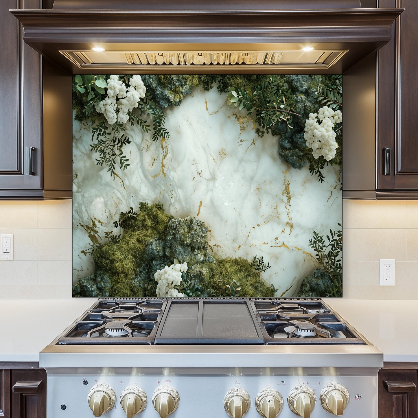 Luxury Marble and Botanical Tempered Glass Backsplash - White Gold Kitchen Splashback