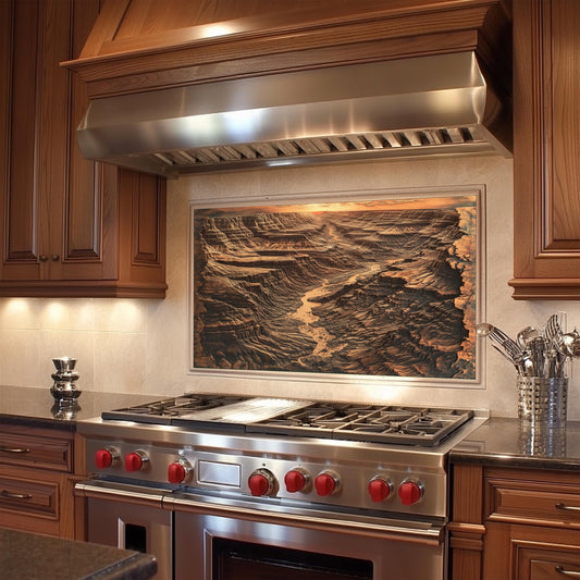 Heat-resistant kitchen backsplash, canyon landscape design, copper effect tempered glass, easy clean wall protector, rustic kitchen art, stove backsplash, canyon kitchen decor