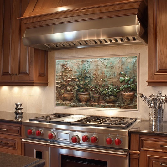 Copper kitchen backsplash, herb garden design, heat-resistant tempered glass, easy clean kitchen wall protector, rustic kitchen decor, vintage kitchen art, stove protector