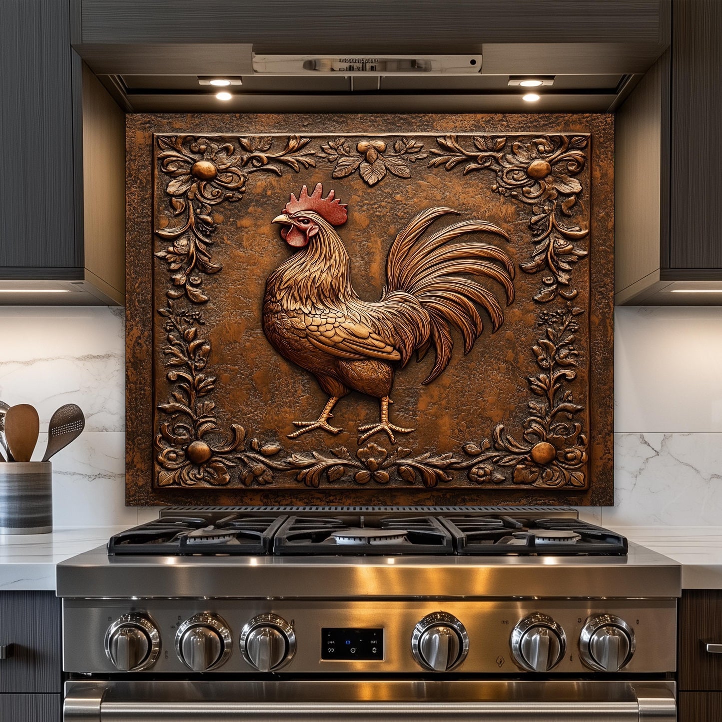 Rustic Rooster Tempered Glass Kitchen Backsplash: Farmhouse Decor