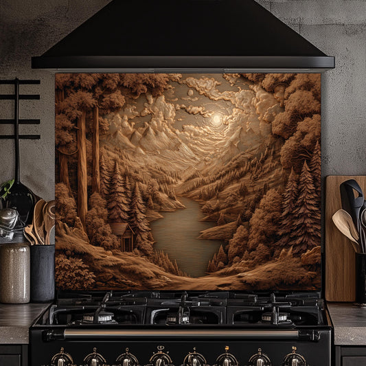 Sepia Mountain Landscape Kitchen Backsplash, UV Printed Tempered Glass Art, Custom Size Design