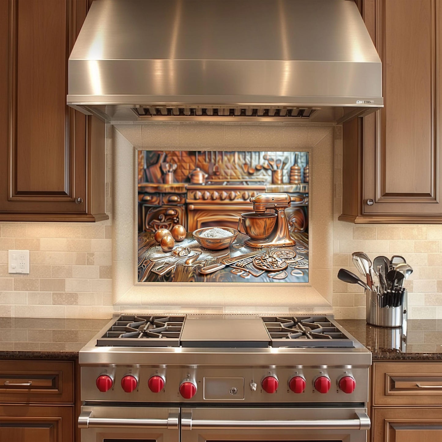 Copper baking tools backsplash, heat-resistant tempered glass, easy clean kitchen wall protector, retro farmhouse kitchen decor, vintage kitchen art, stove protector, mixer backsplash panel
