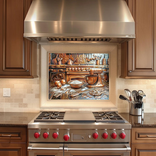 Copper baking tools backsplash, heat-resistant tempered glass, easy clean kitchen wall protector, retro farmhouse kitchen decor, vintage kitchen art, stove protector, mixer backsplash panel