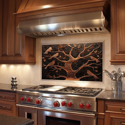 Copper kitchen backsplash, tree with birds design, heat-resistant tempered glass, easy clean wall protector, rustic kitchen wall decor, stove wall protector, nature kitchen art
