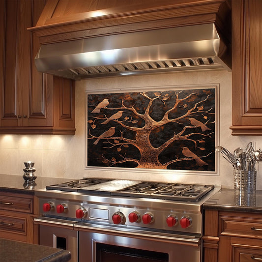 Copper kitchen backsplash, tree with birds design, heat-resistant tempered glass, easy clean wall protector, rustic kitchen wall decor, stove wall protector, nature kitchen art