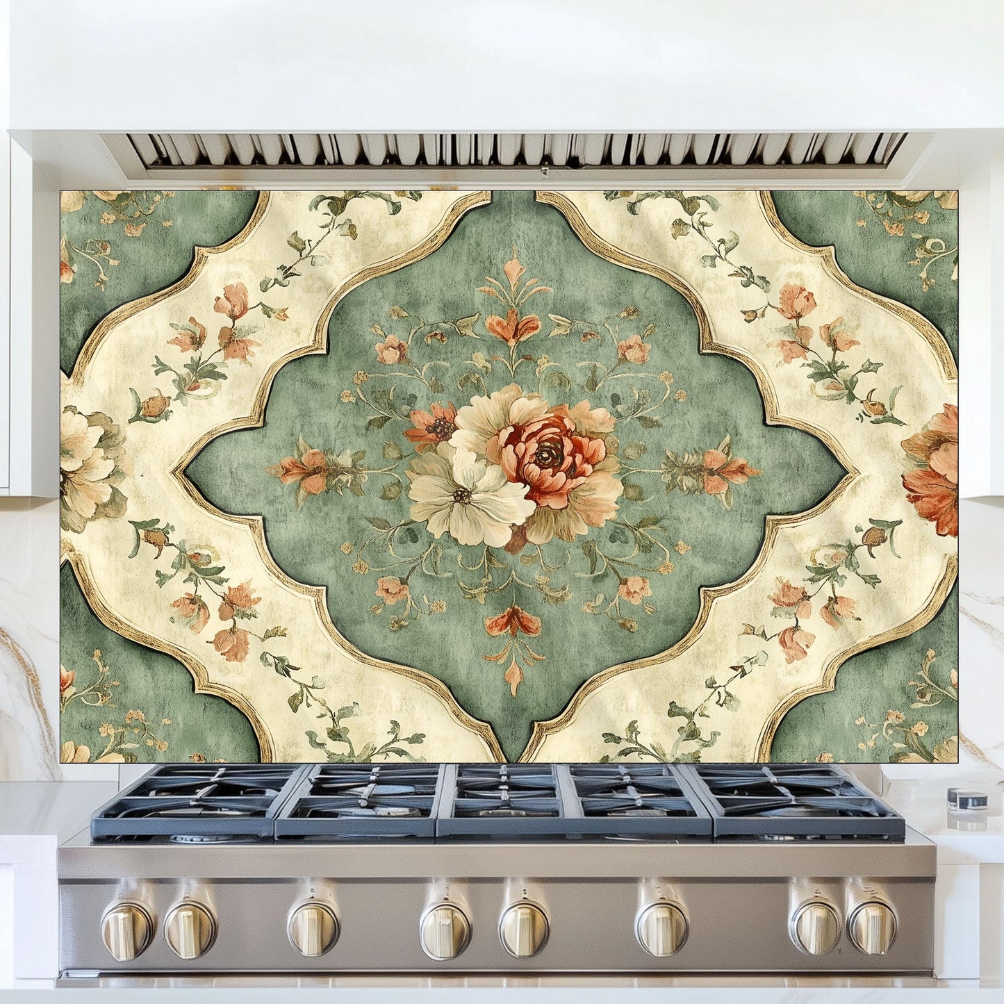 Moroccan Floral Glass Backsplash, Geometric Medallion Stove Guard, Heat Resistant Easy Clean Art