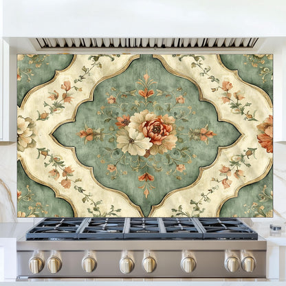 Moroccan Floral Glass Backsplash, Geometric Medallion Stove Guard, Heat Resistant Easy Clean Art