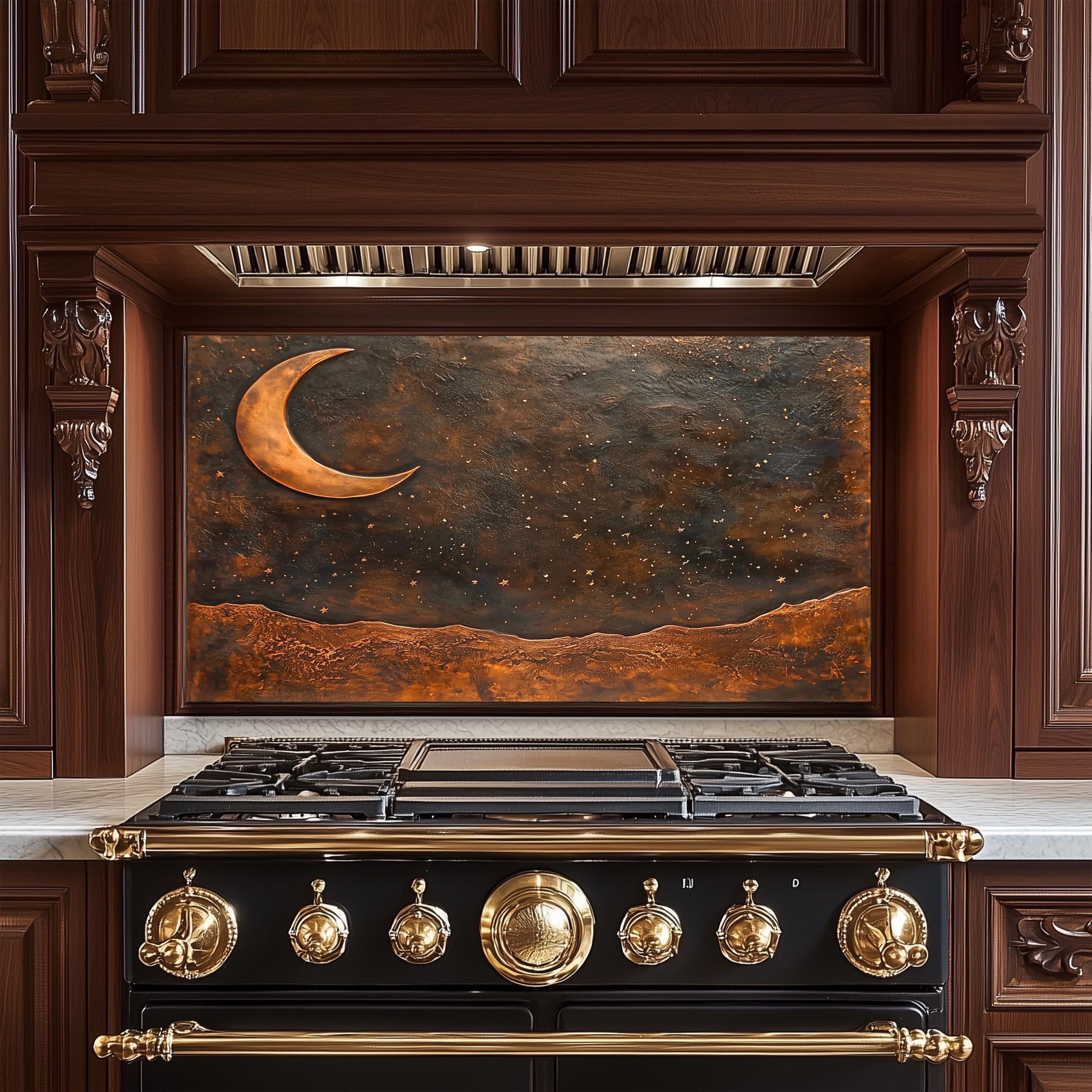 Copper Moon Tempered Glass Backsplash: Rustic Kitchen Decor