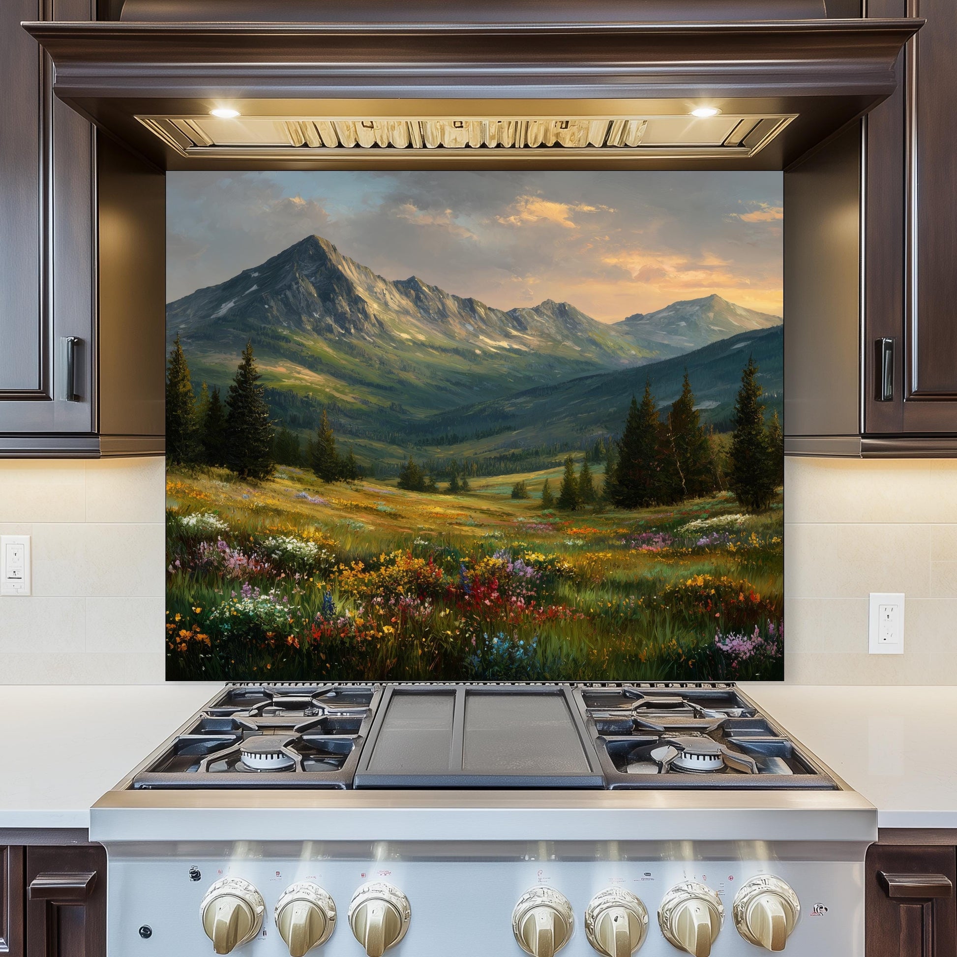 Mountain Meadow Kitchen Backsplash, Wildflower Landscape Tempered Glass, Custom Size Design
