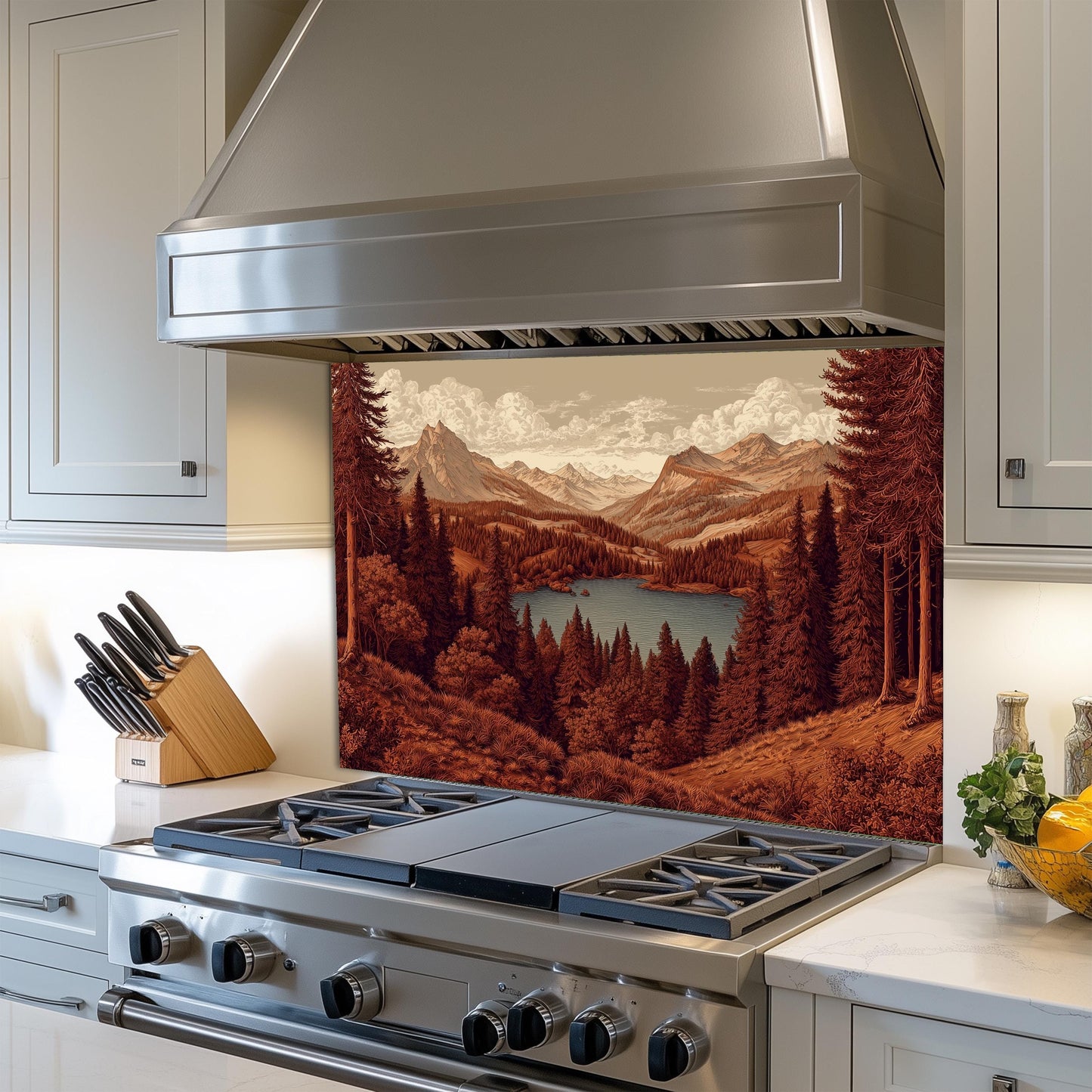 Tempered Glass Mountain Lake Backsplash: Rustic Cabin Kitchen Decor