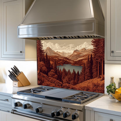 Tempered Glass Mountain Lake Backsplash: Rustic Cabin Kitchen Decor