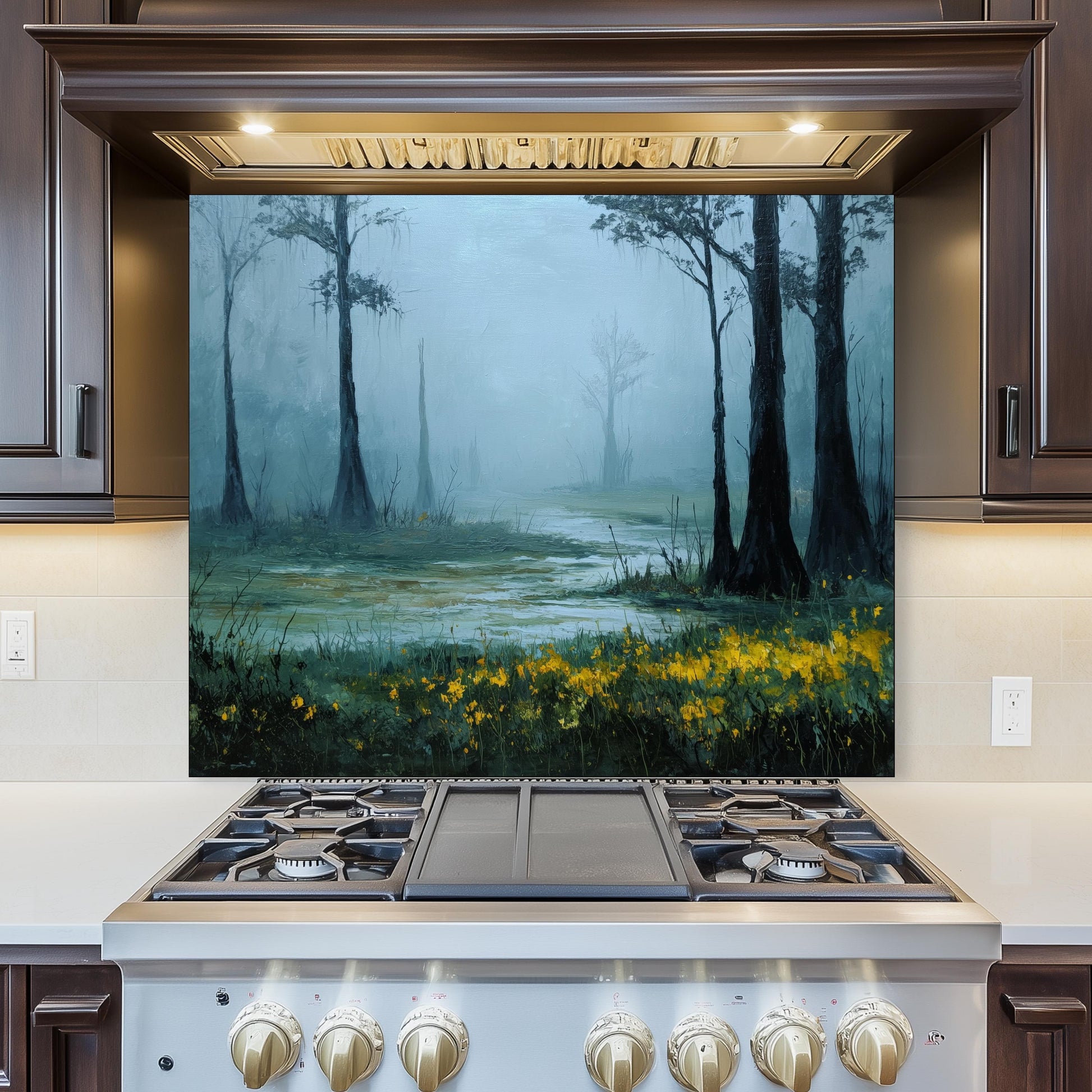 Foggy Meadow Swamp Tempered Glass Backsplash - Misty Wetland Kitchen Splashback with Yellow Flowers