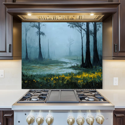Foggy Meadow Swamp Tempered Glass Backsplash - Misty Wetland Kitchen Splashback with Yellow Flowers