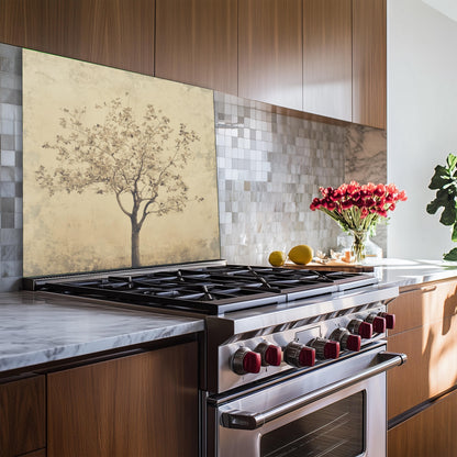 Tempered glass stove backsplash, minimalist tree design, heat-resistant kitchen wall panel, easy clean backsplash, stylish kitchen decor, stove protector, modern kitchen wall art, artistic vintage backsplash