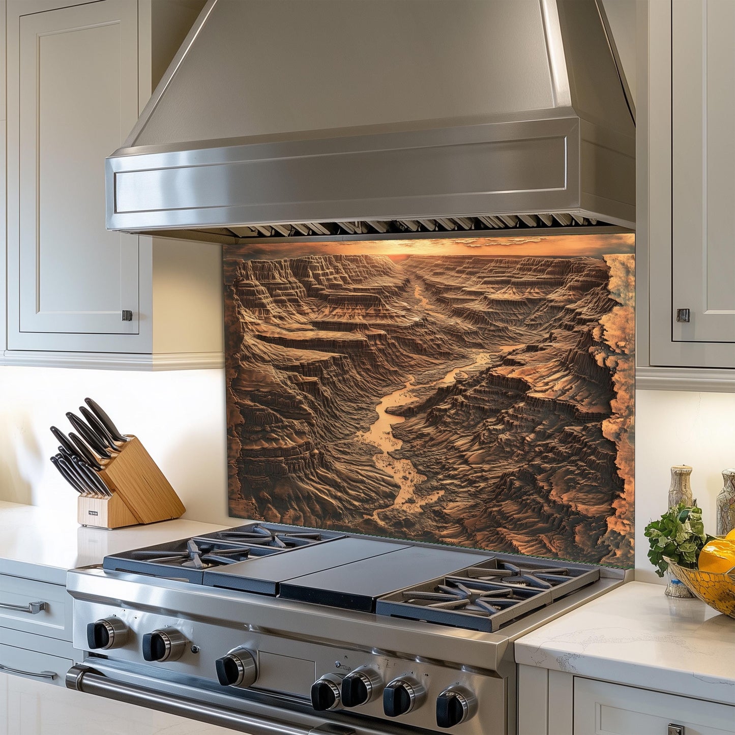 Copper effect canyon kitchen backsplash, heat-resistant wall protector, nature-inspired kitchen art, easy clean tempered glass, rustic kitchen wall protector, stove wall protector