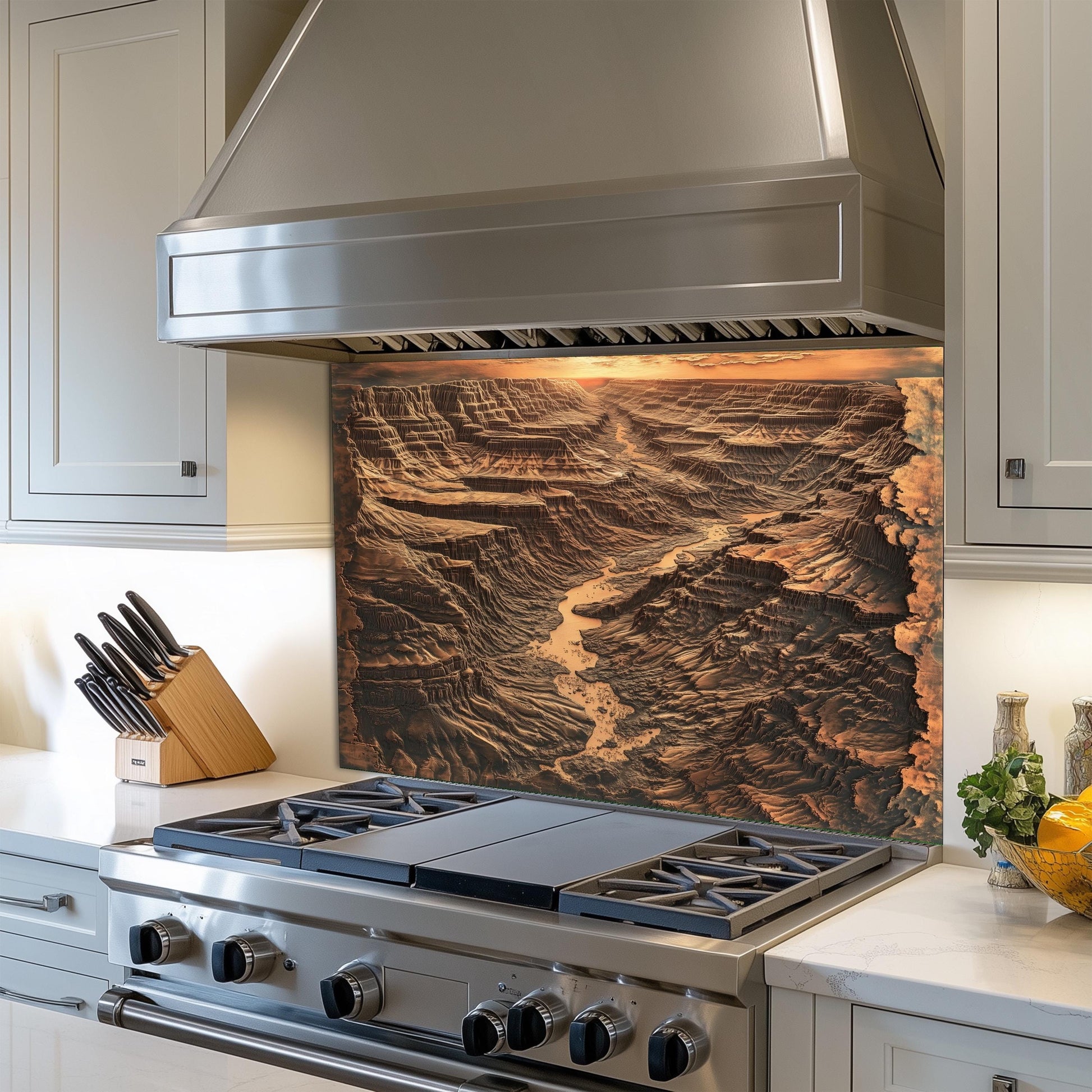 Copper effect canyon kitchen backsplash, heat-resistant wall protector, nature-inspired kitchen art, easy clean tempered glass, rustic kitchen wall protector, stove wall protector