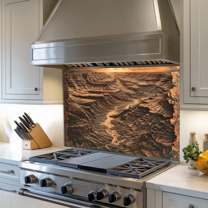 Copper effect canyon kitchen backsplash, heat-resistant wall protector, nature-inspired kitchen art, easy clean tempered glass, rustic kitchen wall protector, stove wall protector