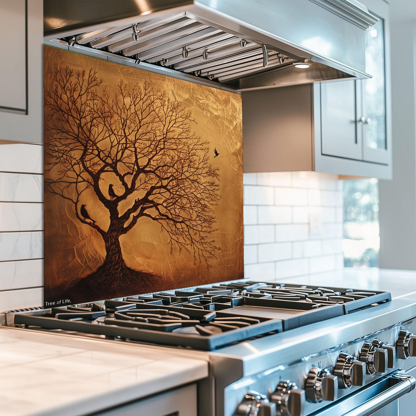 Copper Look Tree Kitchen Backsplash, UV Printed Tempered Glass Art, Custom Size Design