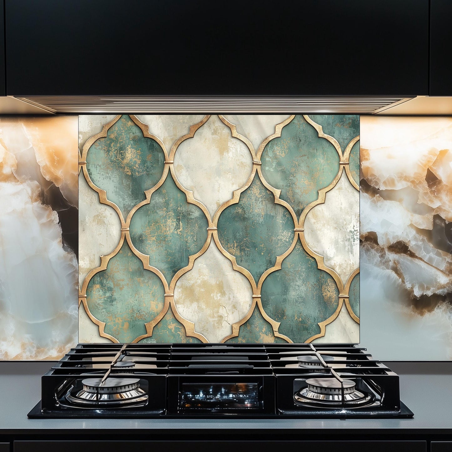Moroccan Tempered Glass Backsplash, Artistic Geometric Stove Guard, Heat Resistant Easy Clean Art